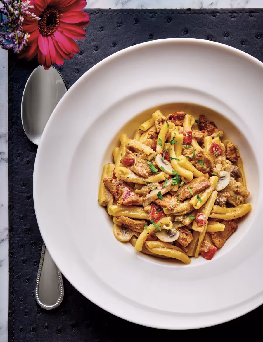 Casarecce pasta with PORK AND MUSHROOMS