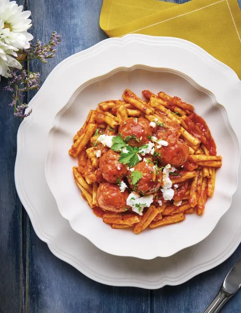 Casarecce pasta with MEAT BALLS AND FETA