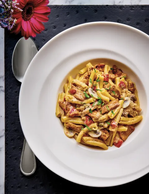 Casarecce pasta with PORK AND MUSHROOMS